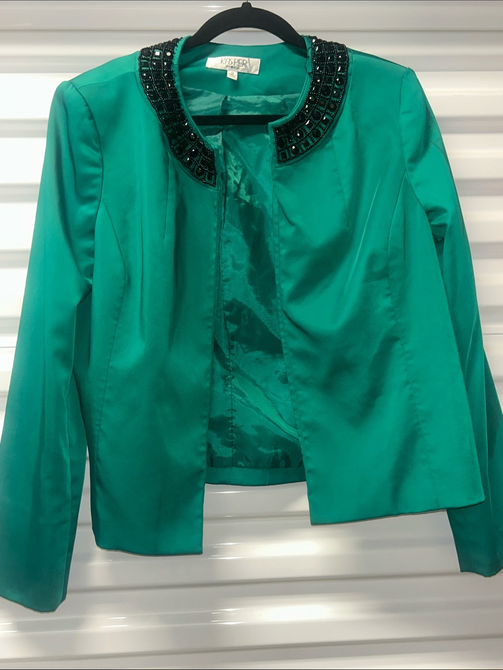 Kasper Teal Satin Jacket with Beaded Black Collar